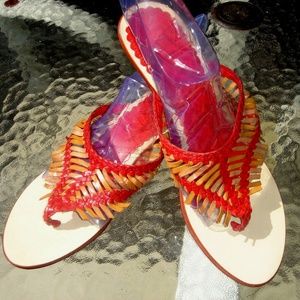 THONG STRAP JOYCA BEIGE/RED LEATHER SANDALS EUR 39